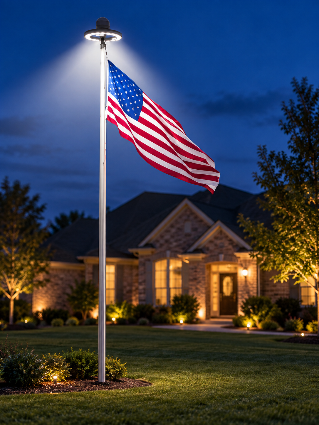 Solar LED flagpole light illuminating an American flag on a suburban lawn