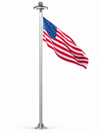 Silver flagpole with American flag and solar LED ring light on white