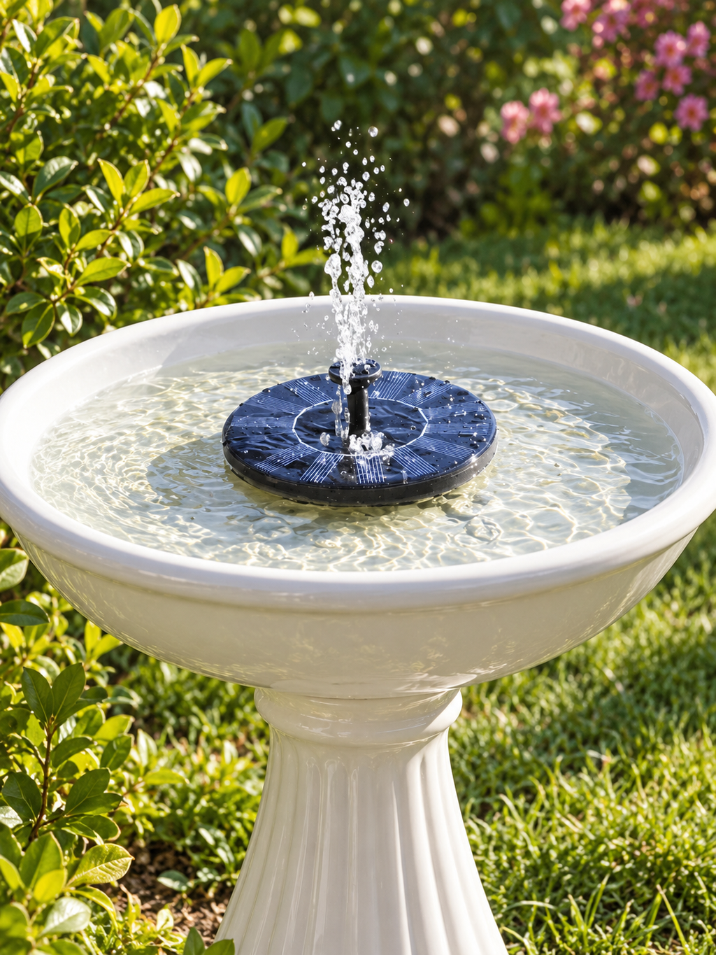Solar water fountain pump spraying in a white ceramic garden birdbath
