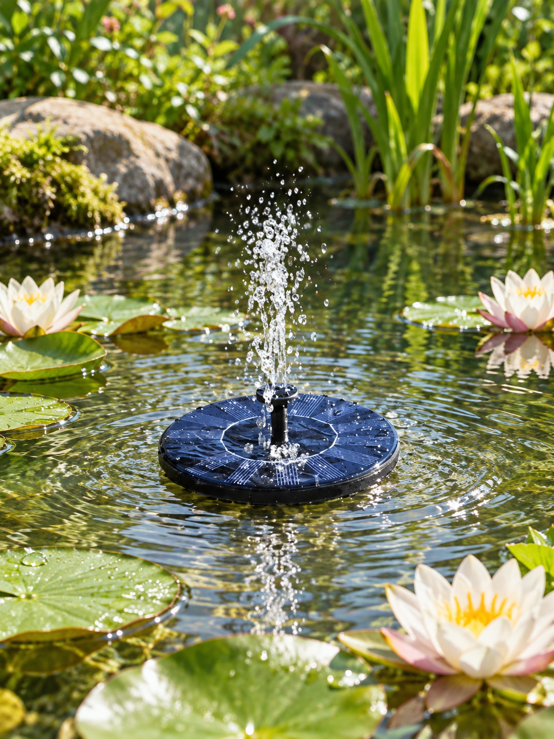 Solar water fountain pump spraying in a garden pond with water lilies