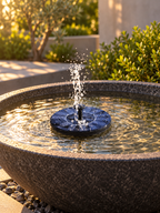 Solar water fountain pump spraying in a dark stone patio water bowl