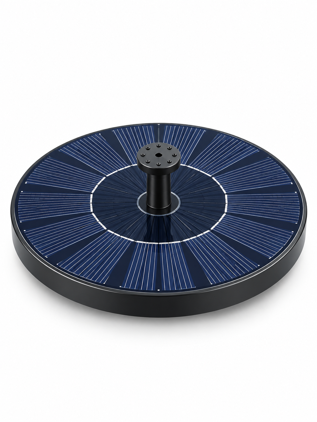 Circular solar water fountain pump with central nozzle on a seamless white background