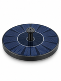 Circular solar water fountain pump with central nozzle on a seamless white background