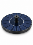 Circular solar water fountain pump with central nozzle on a seamless white background