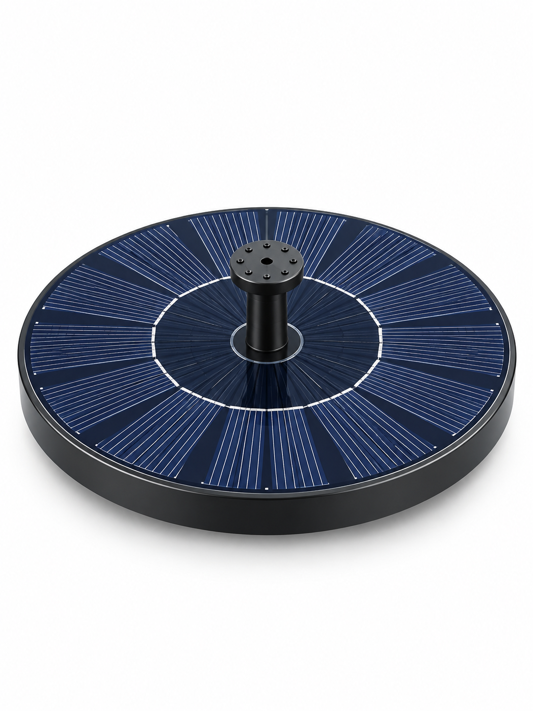 Circular solar water fountain pump with central nozzle on a seamless white background