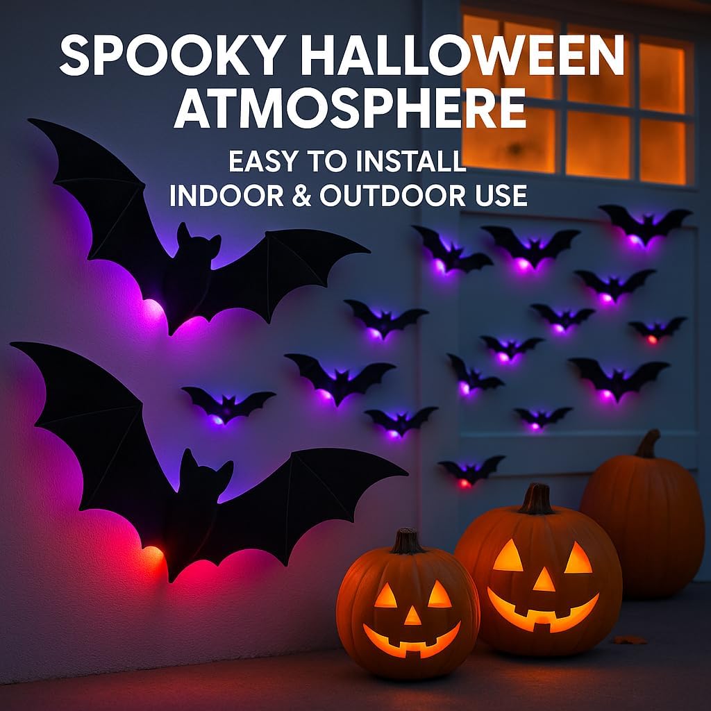 Halloween 3D Wall Decor 104 Pack, Halloween Bats Spiders and Ghost Decorations with LED Lights, Halloween Indoor Decor