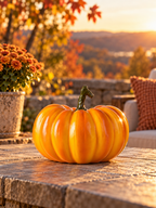 Squat glossy orange pumpkin figure on a stone patio at golden hour