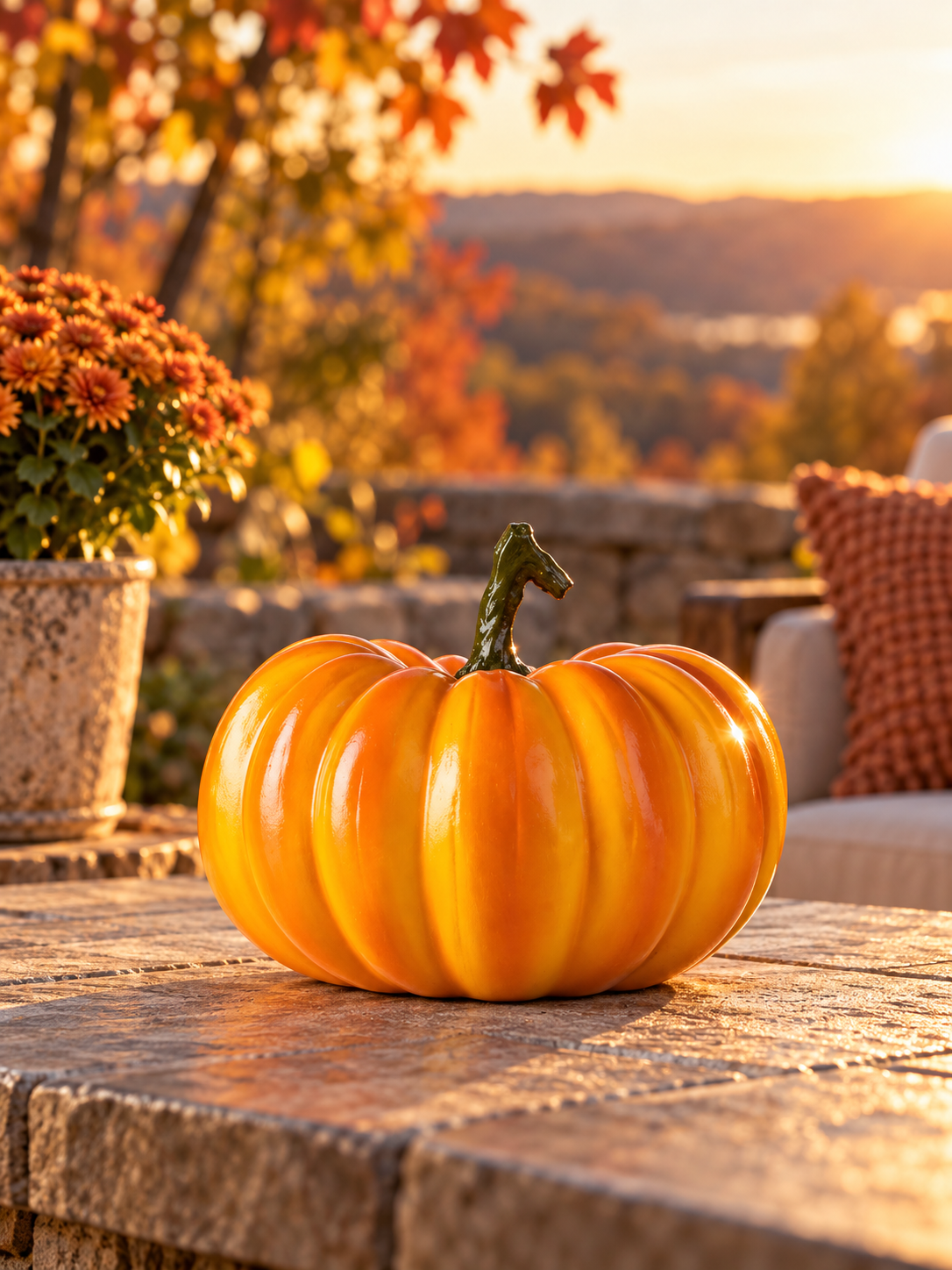 Squat glossy orange pumpkin figure on a stone patio at golden hour