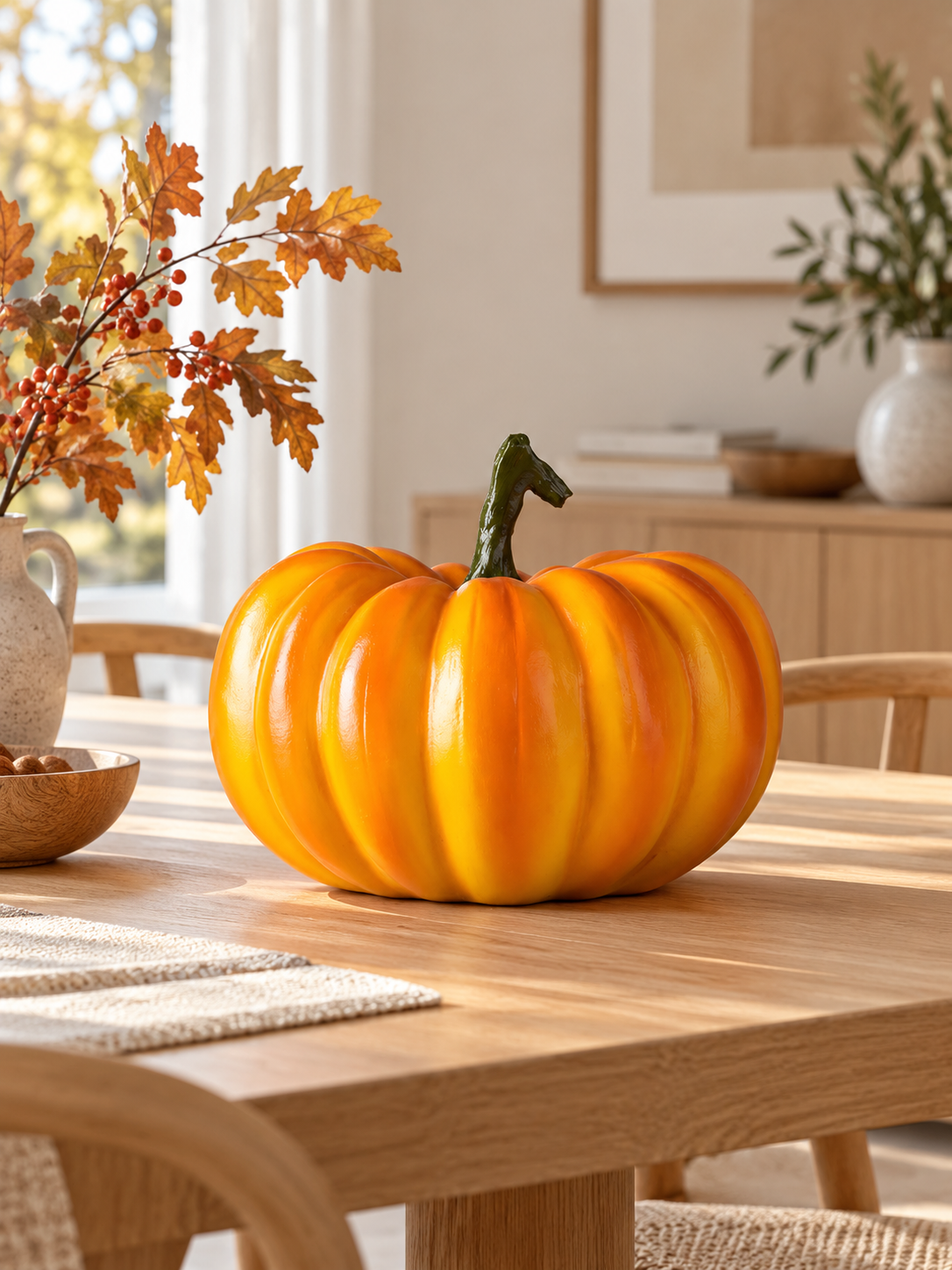 Squat glossy orange pumpkin figure on a Scandinavian dining table