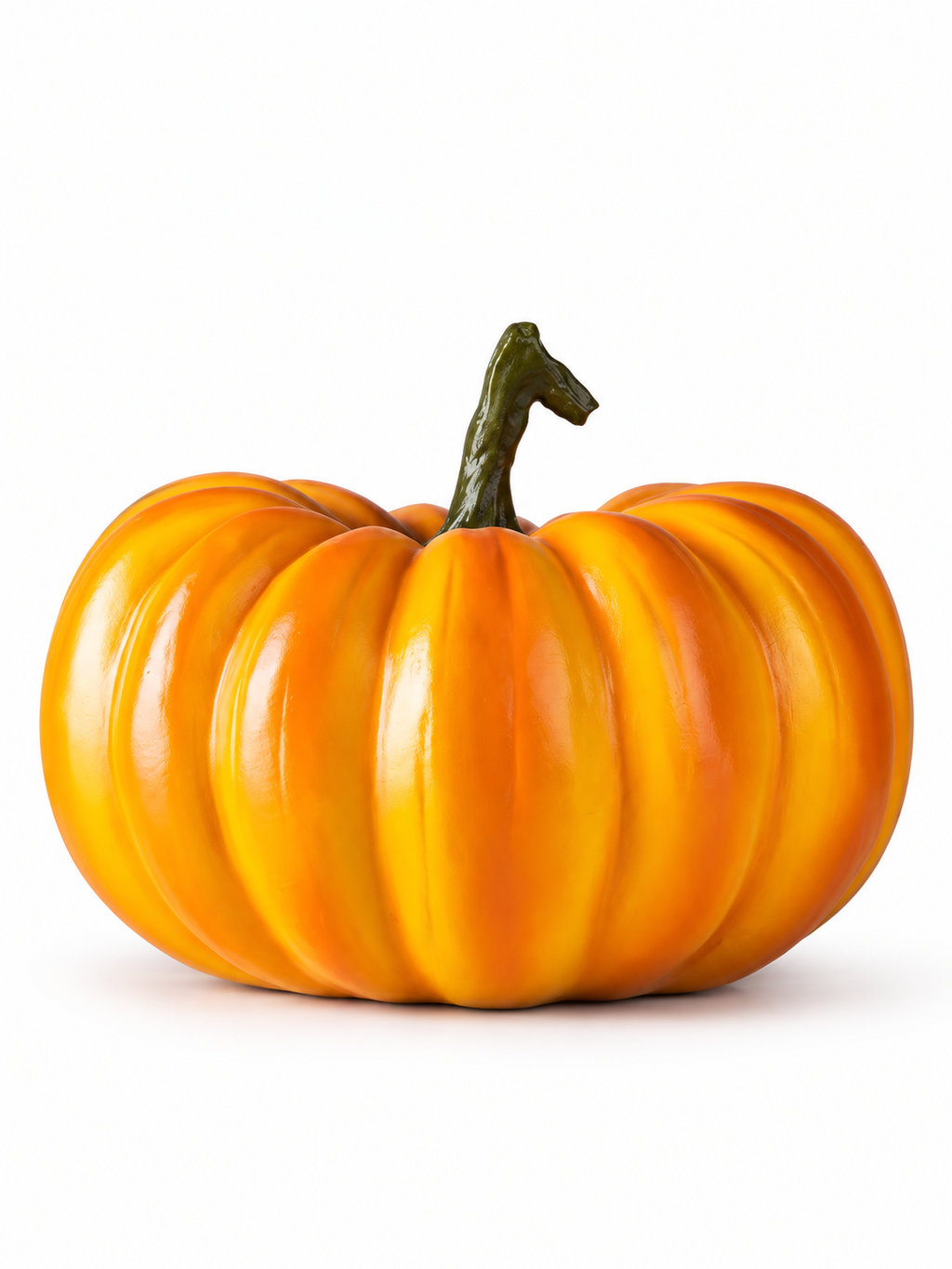 Squat glossy orange pumpkin figure with short green stem on a white background