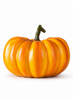 Squat glossy orange pumpkin figure with short green stem on a white background