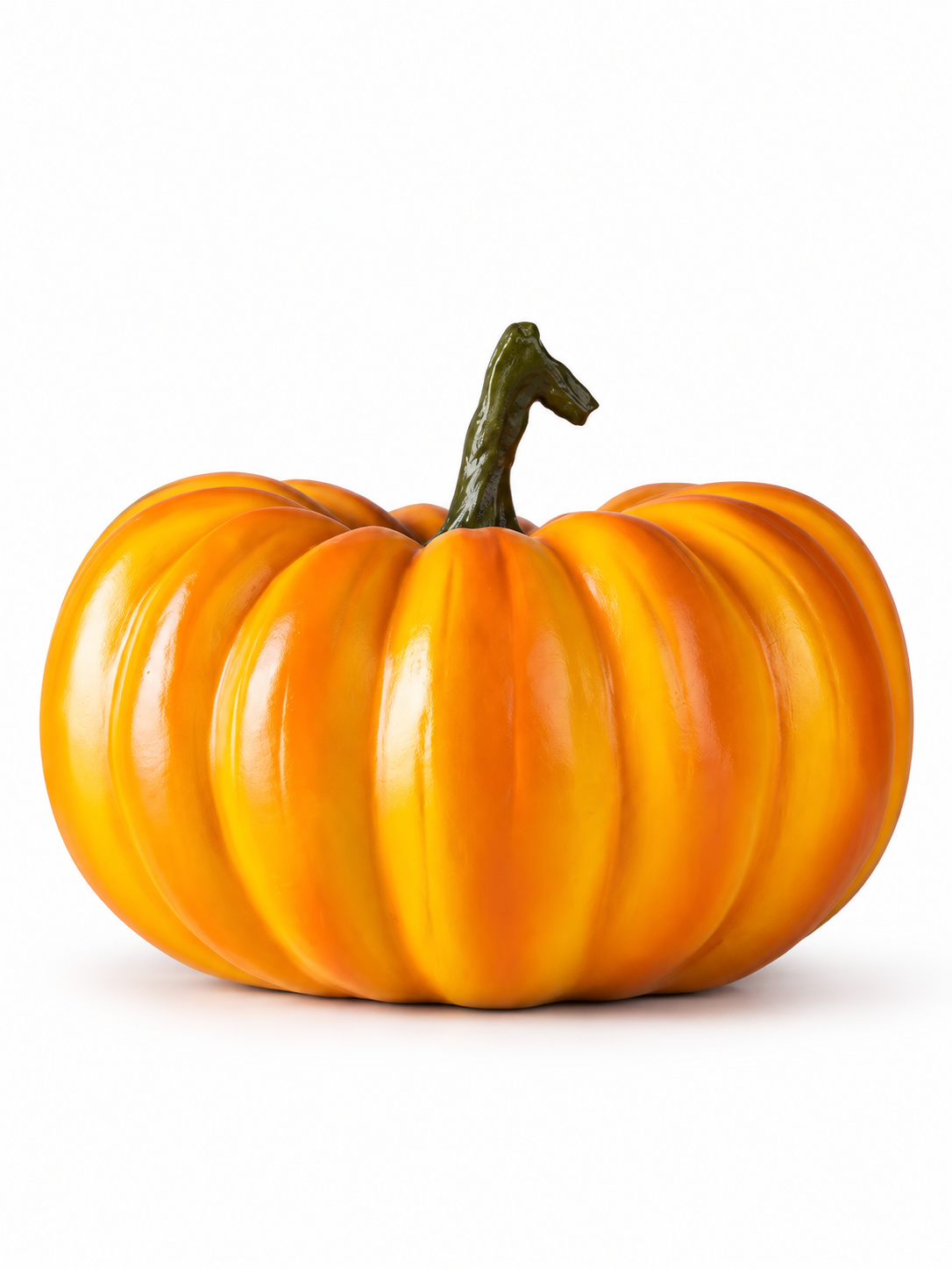 Squat glossy orange pumpkin figure with short green stem on a white background
