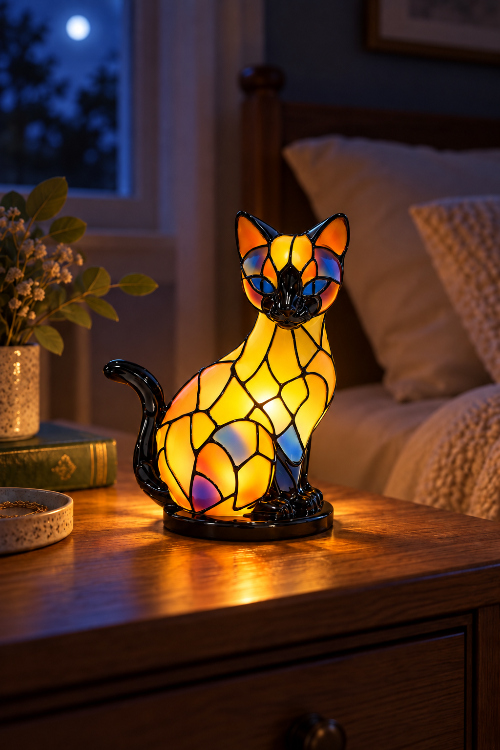 Illuminated stained glass cat lamp on a bedroom nightstand at night