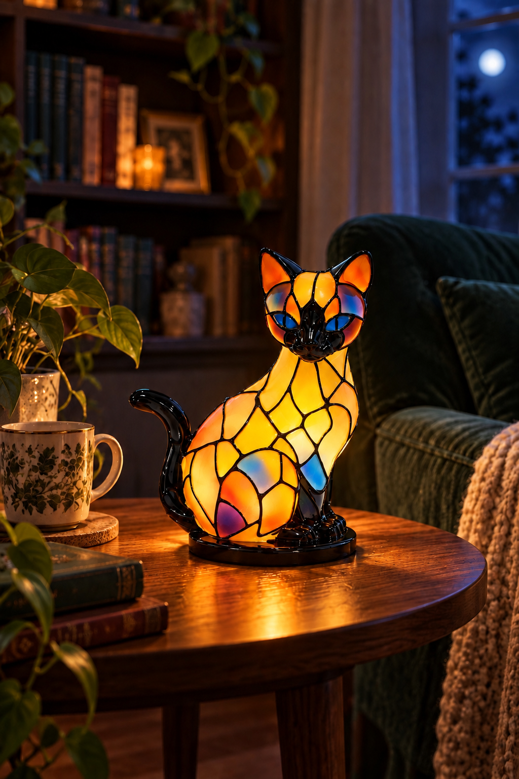 Illuminated stained glass cat lamp in a cozy nighttime reading nook