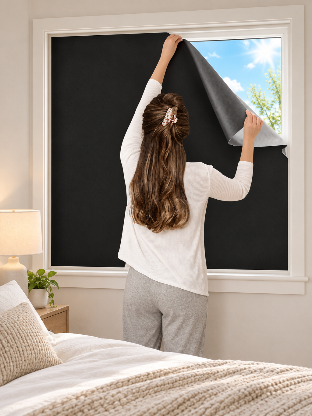 Black static cling blackout shade being applied to a bedroom window