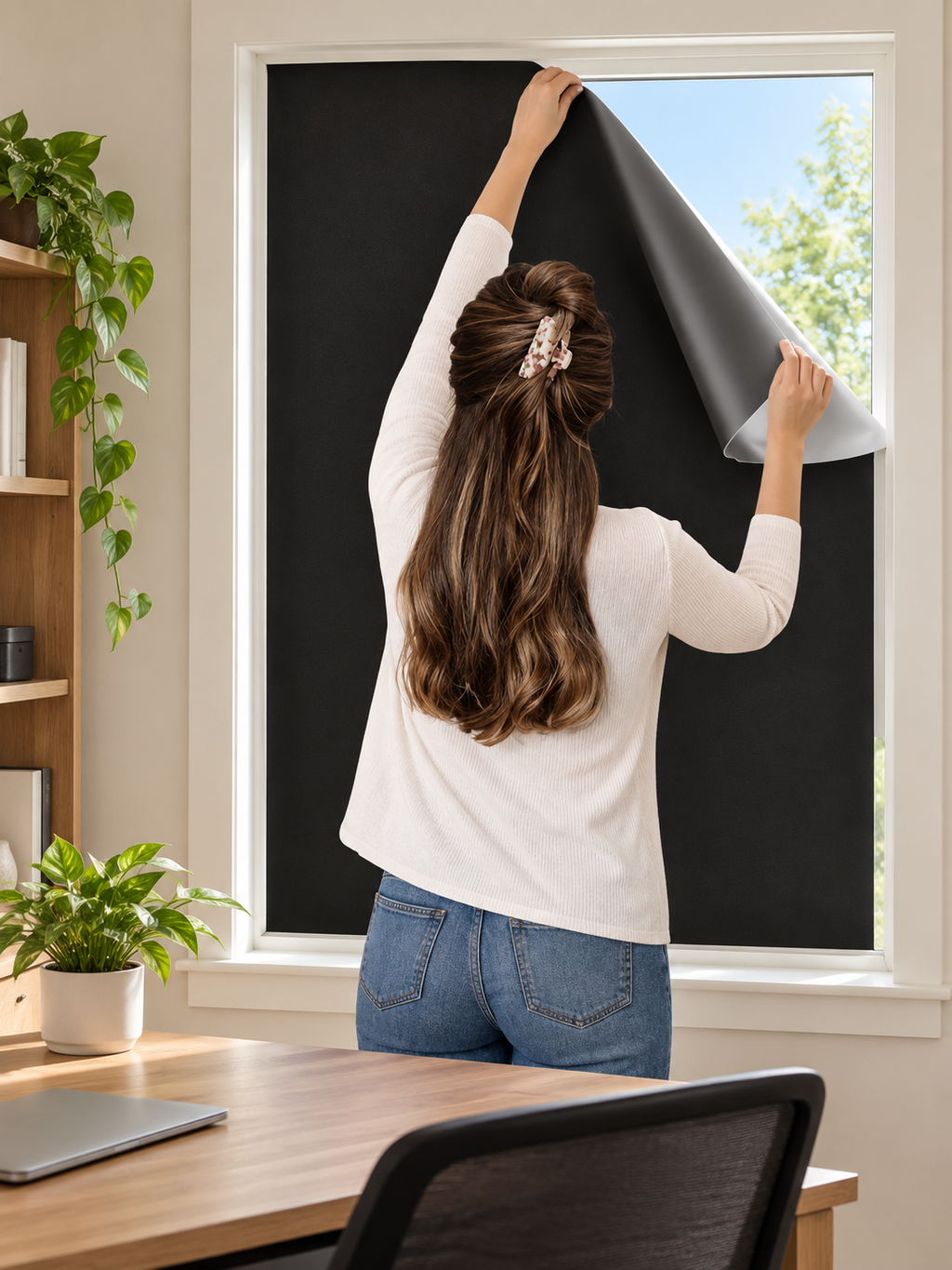 Black static cling blackout shade being applied to a home office window