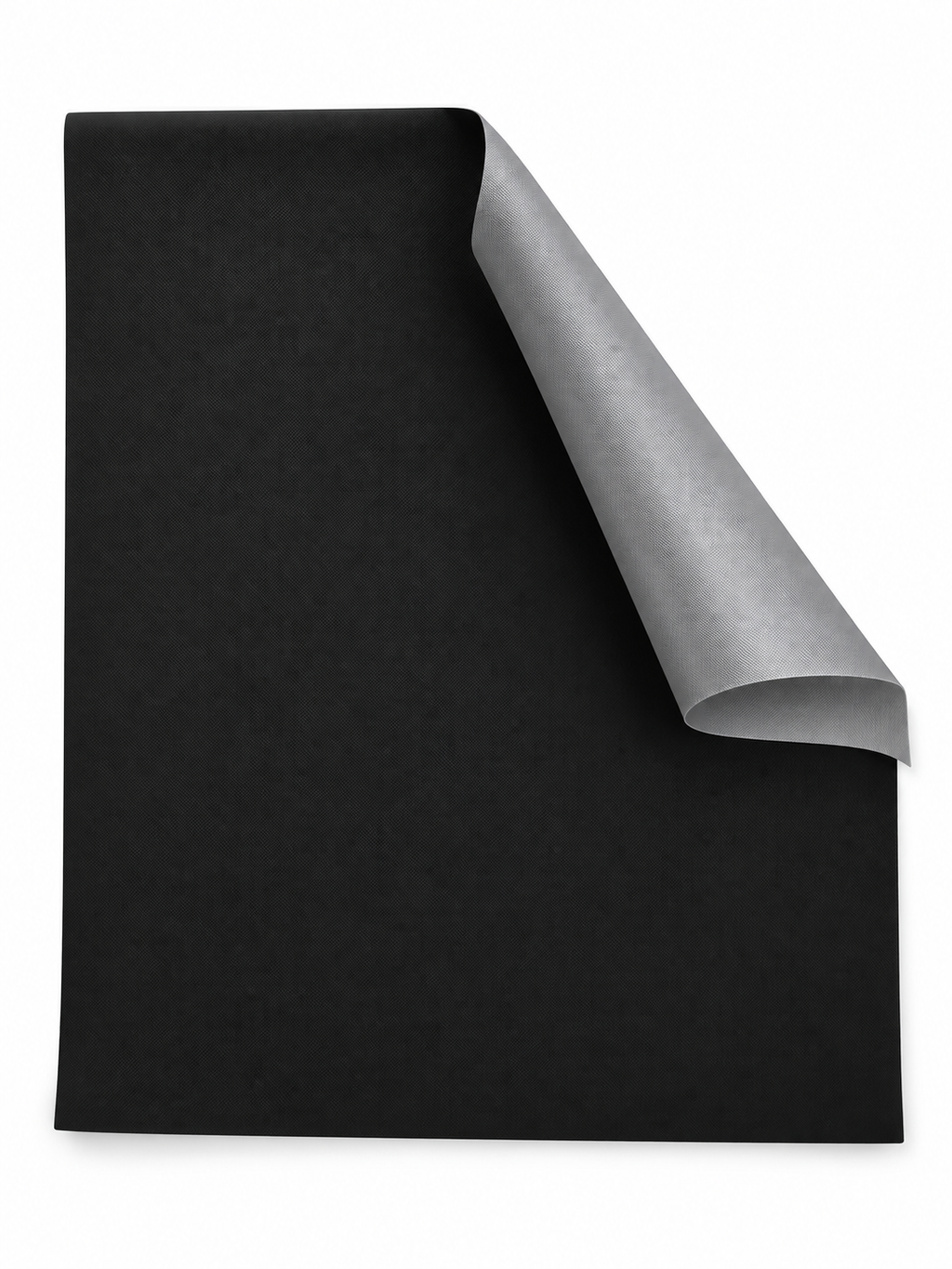 Black static cling blackout window shade with gray reverse on a seamless white background