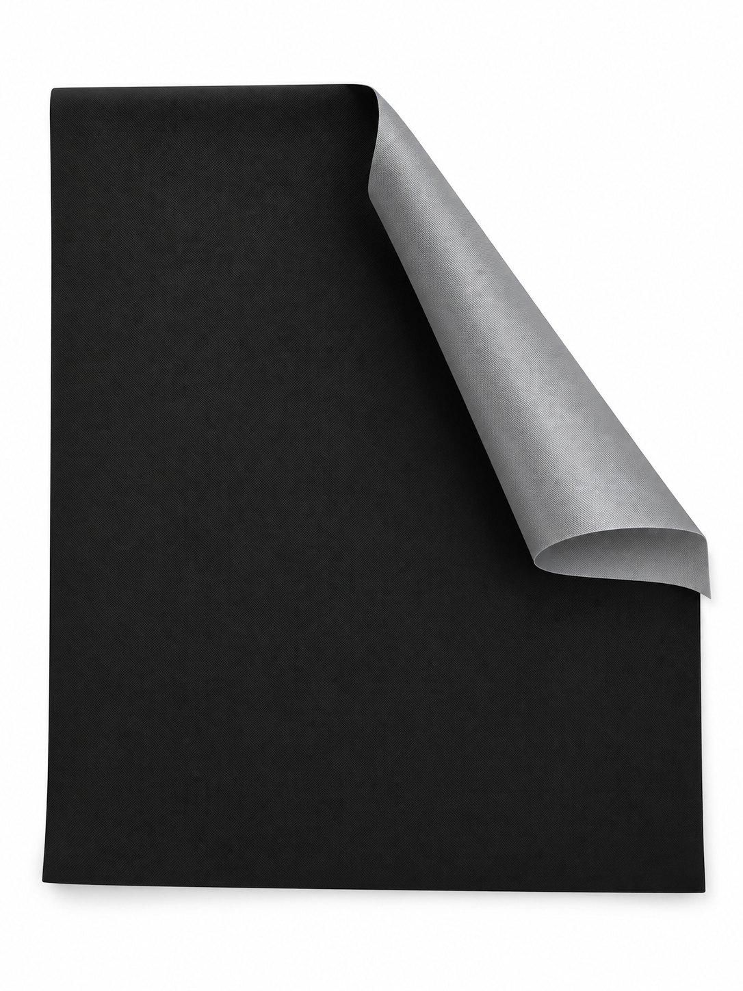 Black static cling blackout window shade with gray reverse on a seamless white background