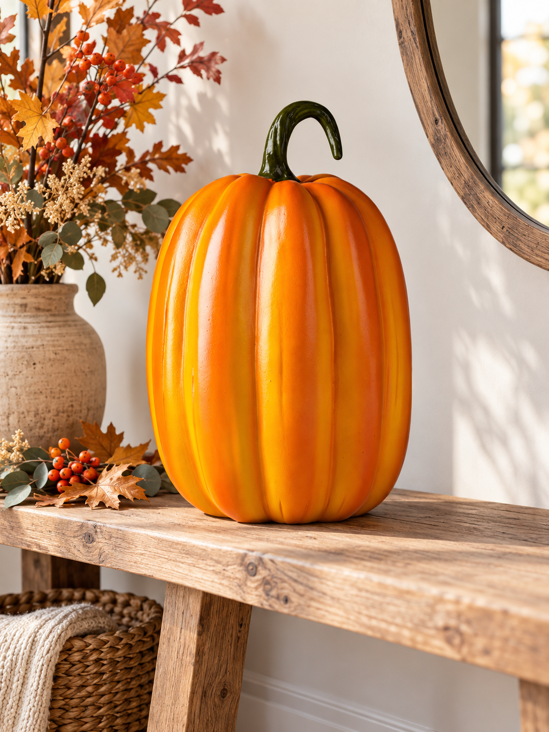 Tall glossy orange pumpkin figure on an autumn entryway bench