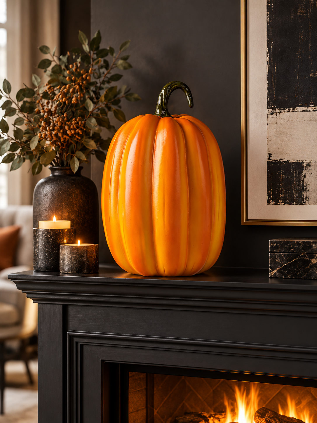 Tall glossy orange pumpkin figure on a dark fireplace mantel