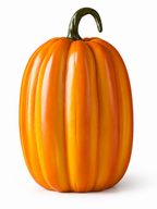 Tall glossy orange pumpkin figure with hooked green stem on a white background