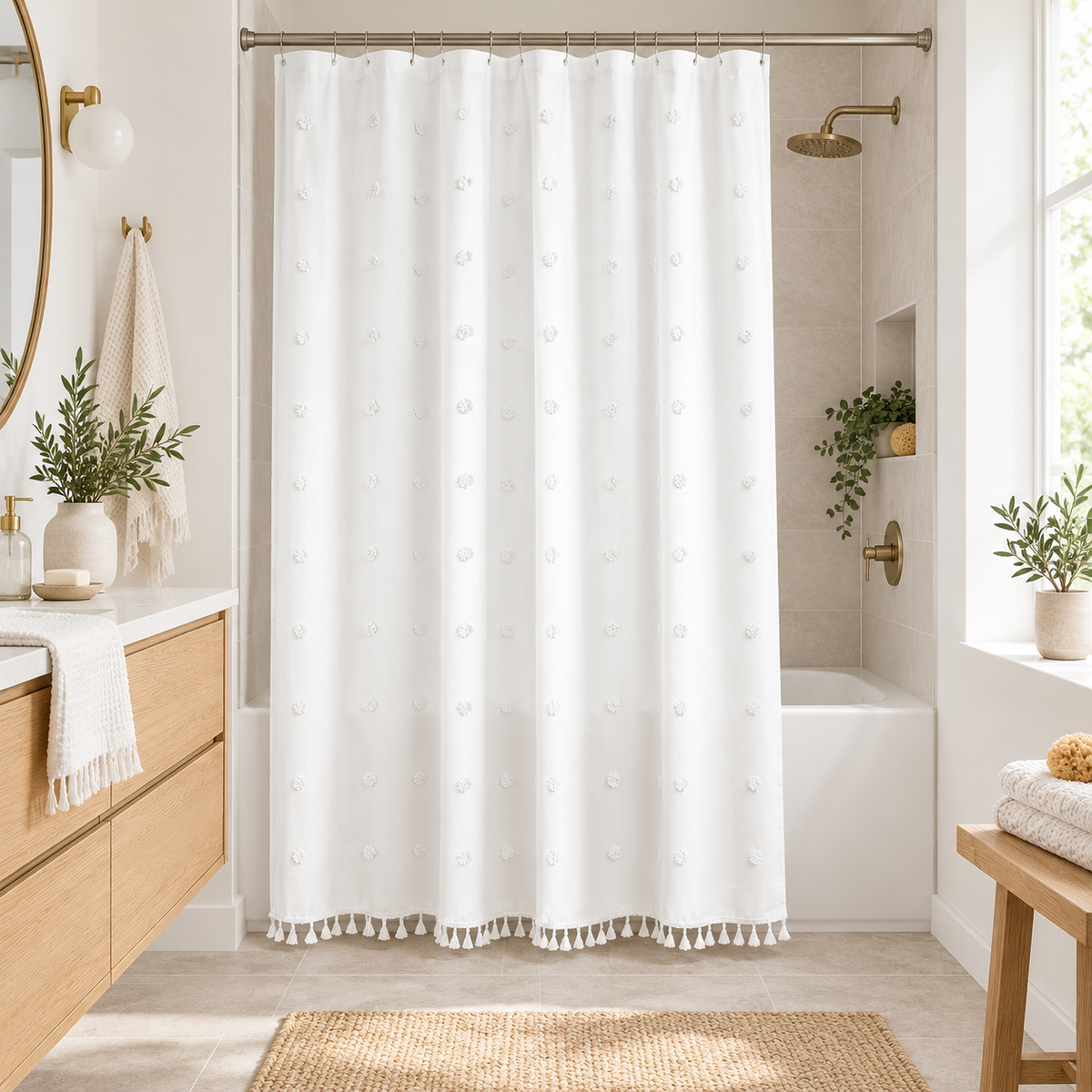 Textured fabric shower curtain in a bright Scandinavian bathroom