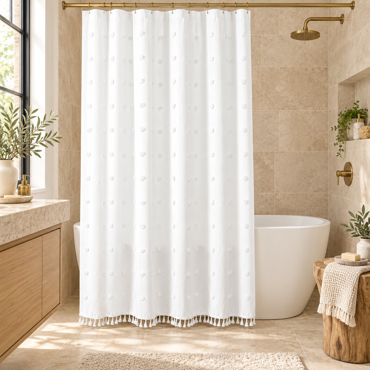 Textured fabric shower curtain in a warm modern spa bathroom