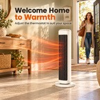 White ceramic tower heater in an entryway with thermostat feature text