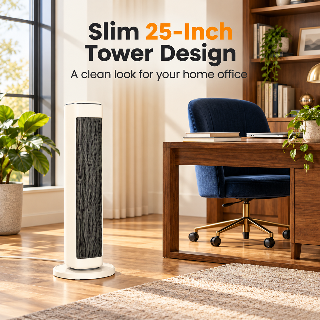 White 25-inch tower heater beside a walnut desk and navy office chair