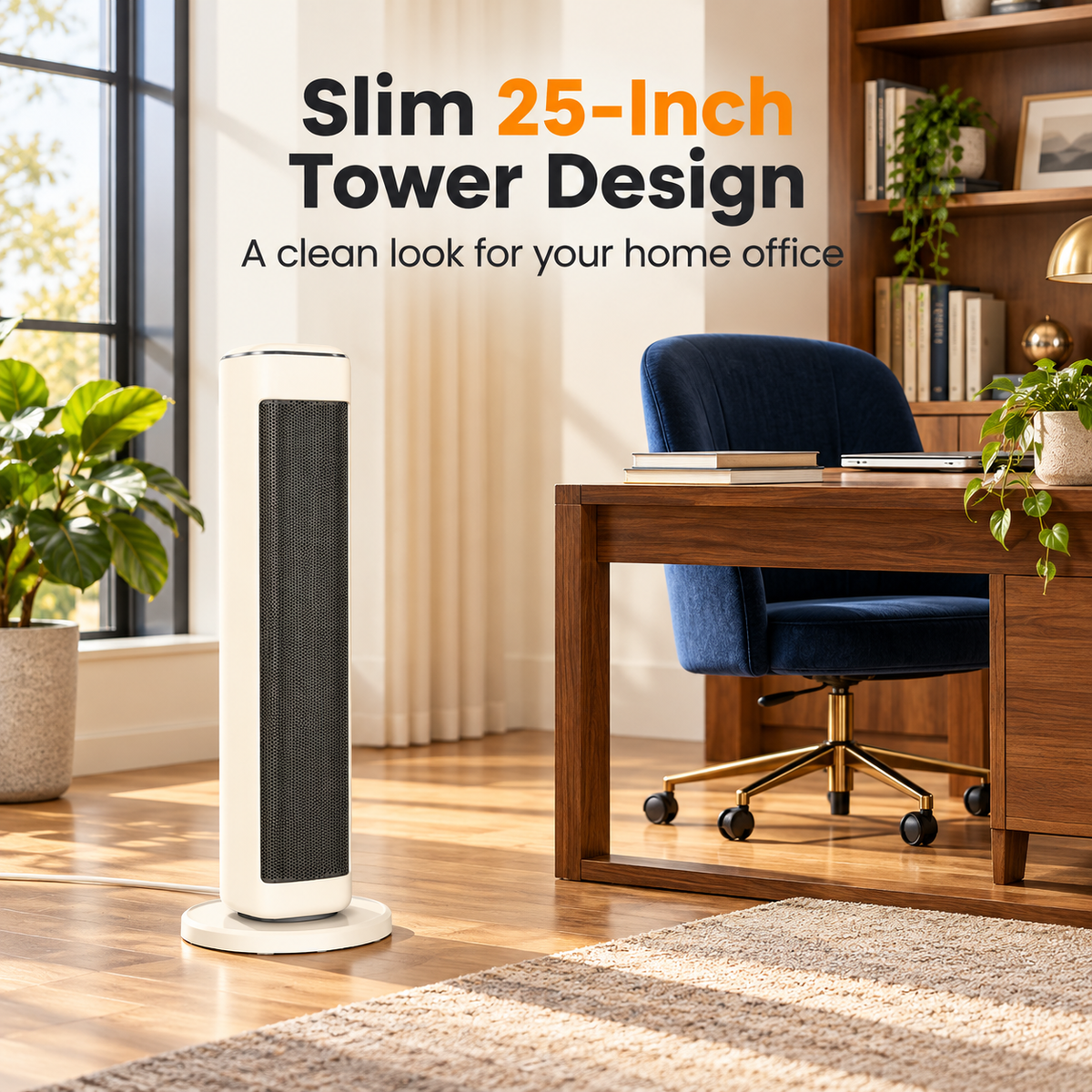 White 25-inch tower heater beside a walnut desk and navy office chair
