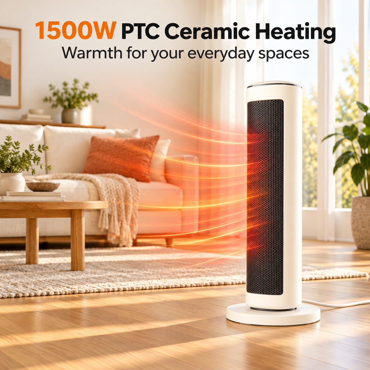 White tower heater in a living room with 1500W ceramic heating feature text