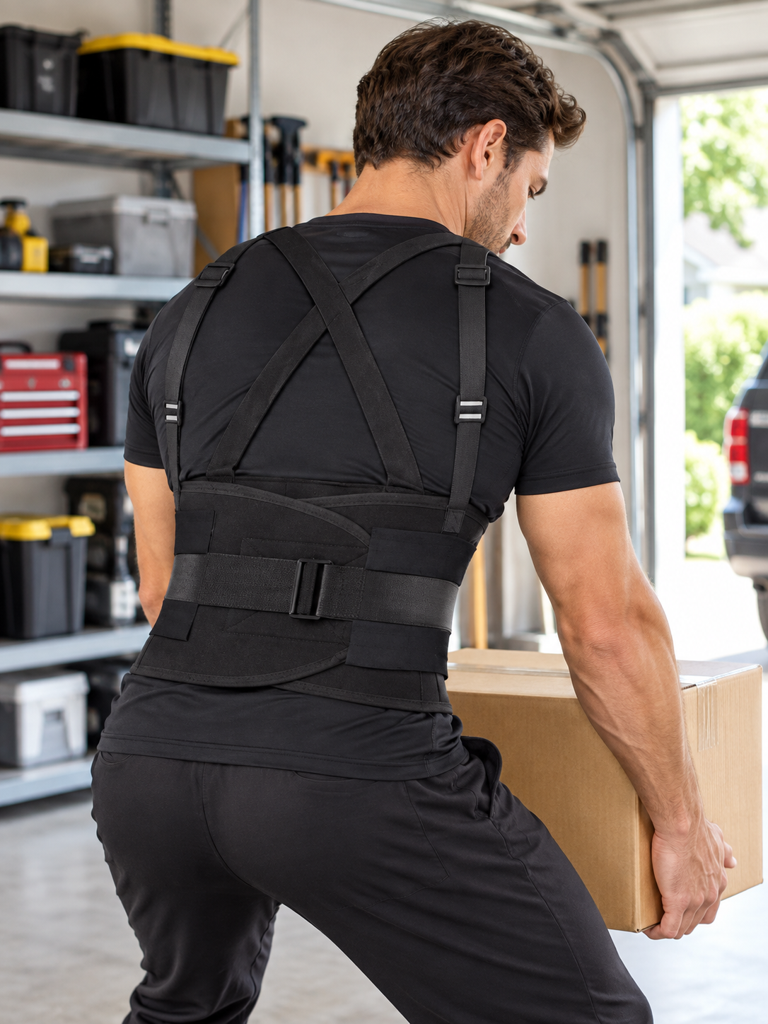 Black work back brace worn while lifting a box in a garage