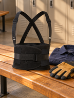 Black work back brace on a wooden locker room bench