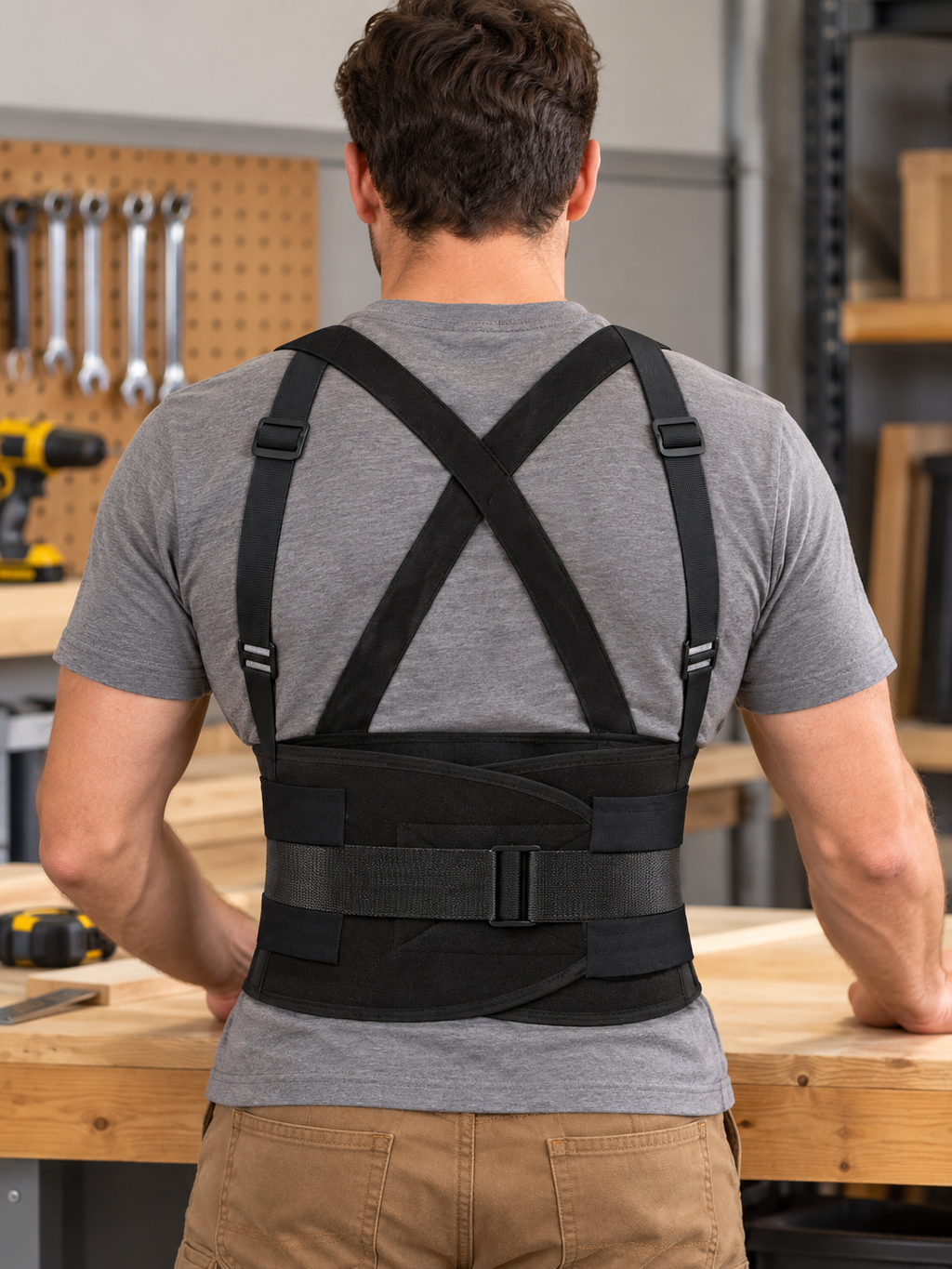 Black work back brace worn at a workshop bench