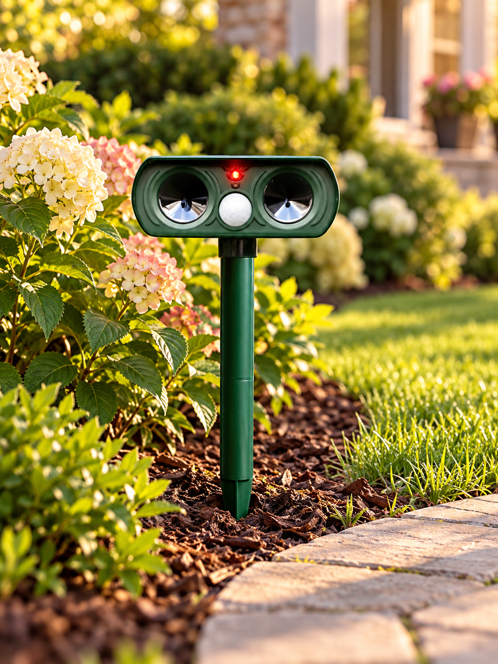Green ultrasonic deer repeller installed beside a suburban flower bed