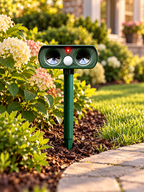 Green ultrasonic deer repeller installed beside a suburban flower bed