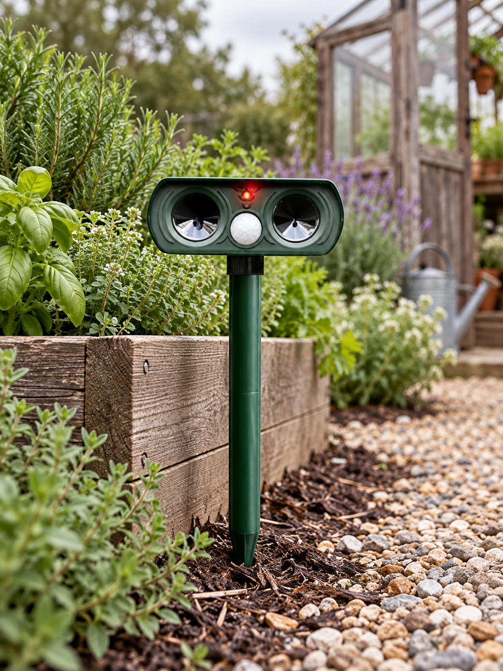 Green ultrasonic deer repeller installed by a raised herb garden and greenhouse