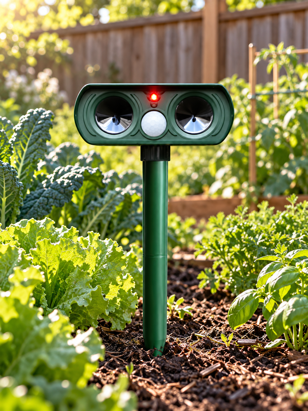Green ultrasonic deer repeller installed in a vegetable garden