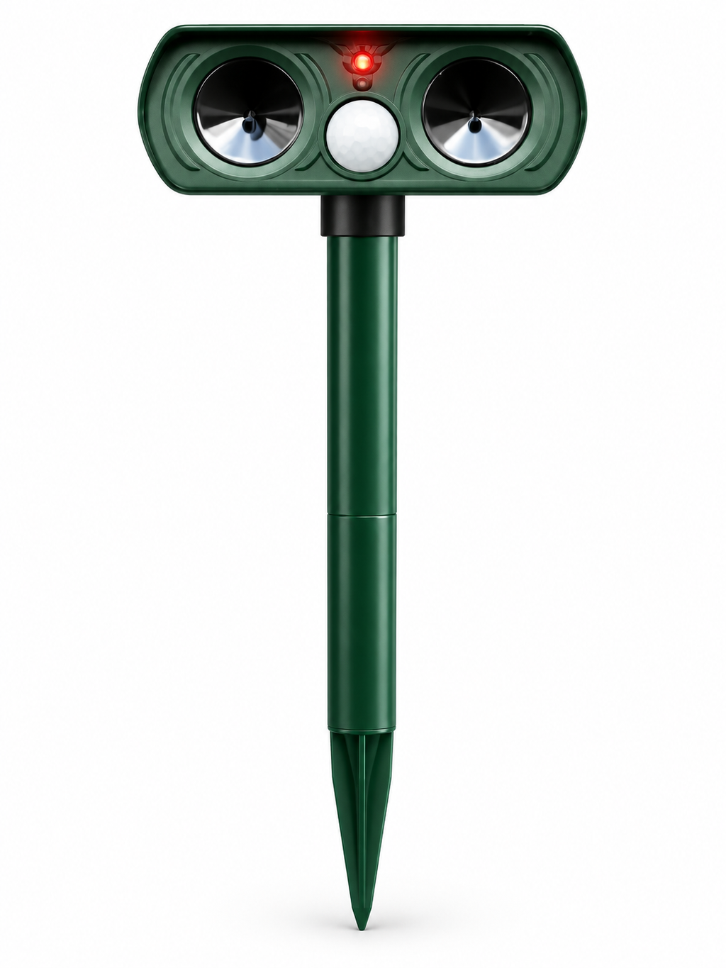 Green motion activated ultrasonic deer repeller on a seamless white background