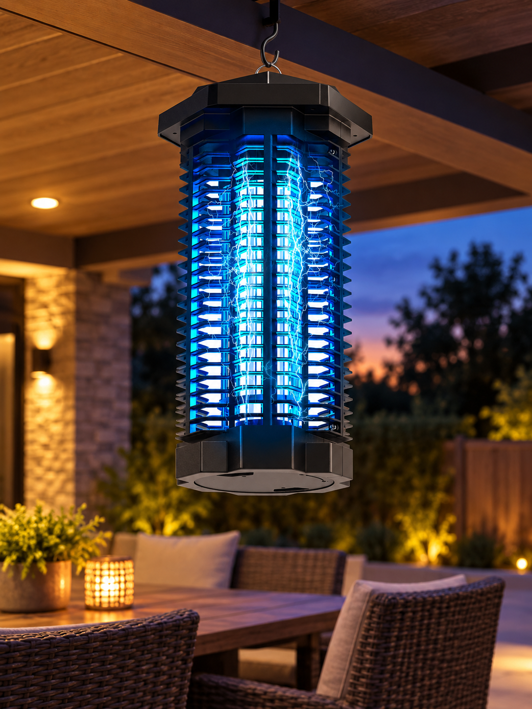 Black ultraviolet bug zapper hanging over a covered backyard patio