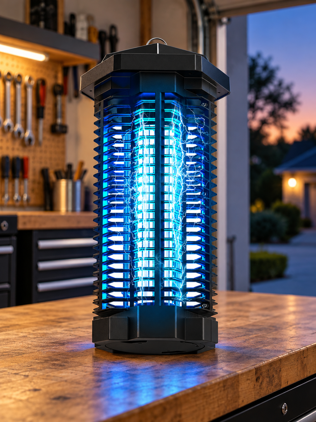 Black ultraviolet bug zapper on a clean garage workbench