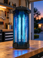Black ultraviolet bug zapper on a clean garage workbench