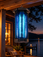 Black ultraviolet bug zapper hanging from a lakeside cabin porch
