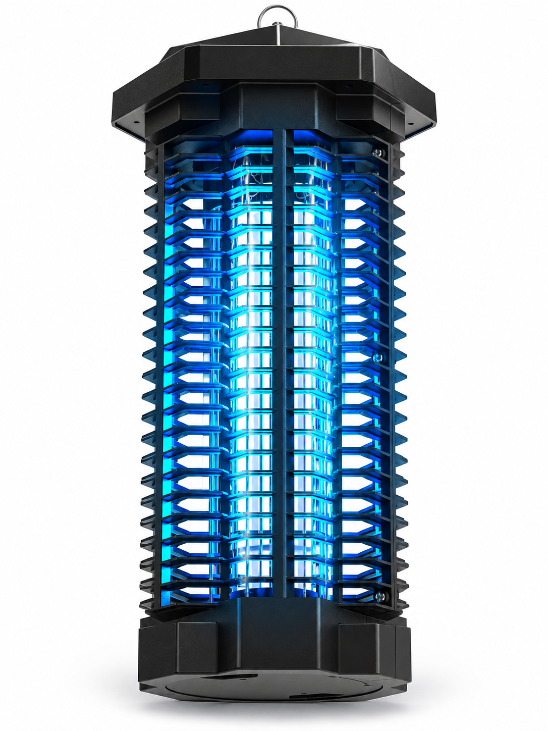Black ultraviolet bug zapper with blue steel grid on a seamless white background
