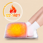 USB foot warmer in use with enlarged flame icon and 122–140°F temperature