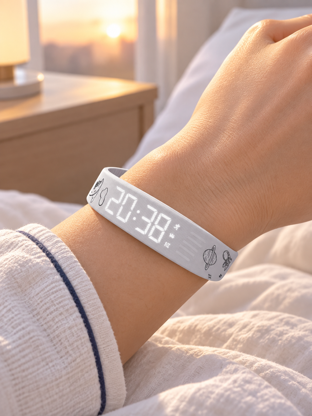 White vibrating alarm watch worn at bedside in morning light