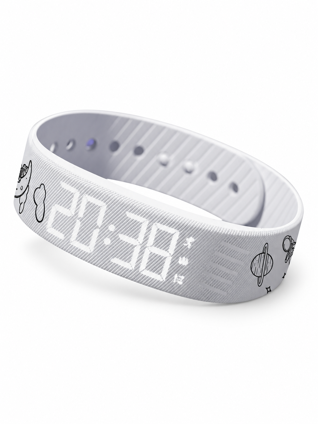 White vibrating alarm watch with space graphics on a seamless white background