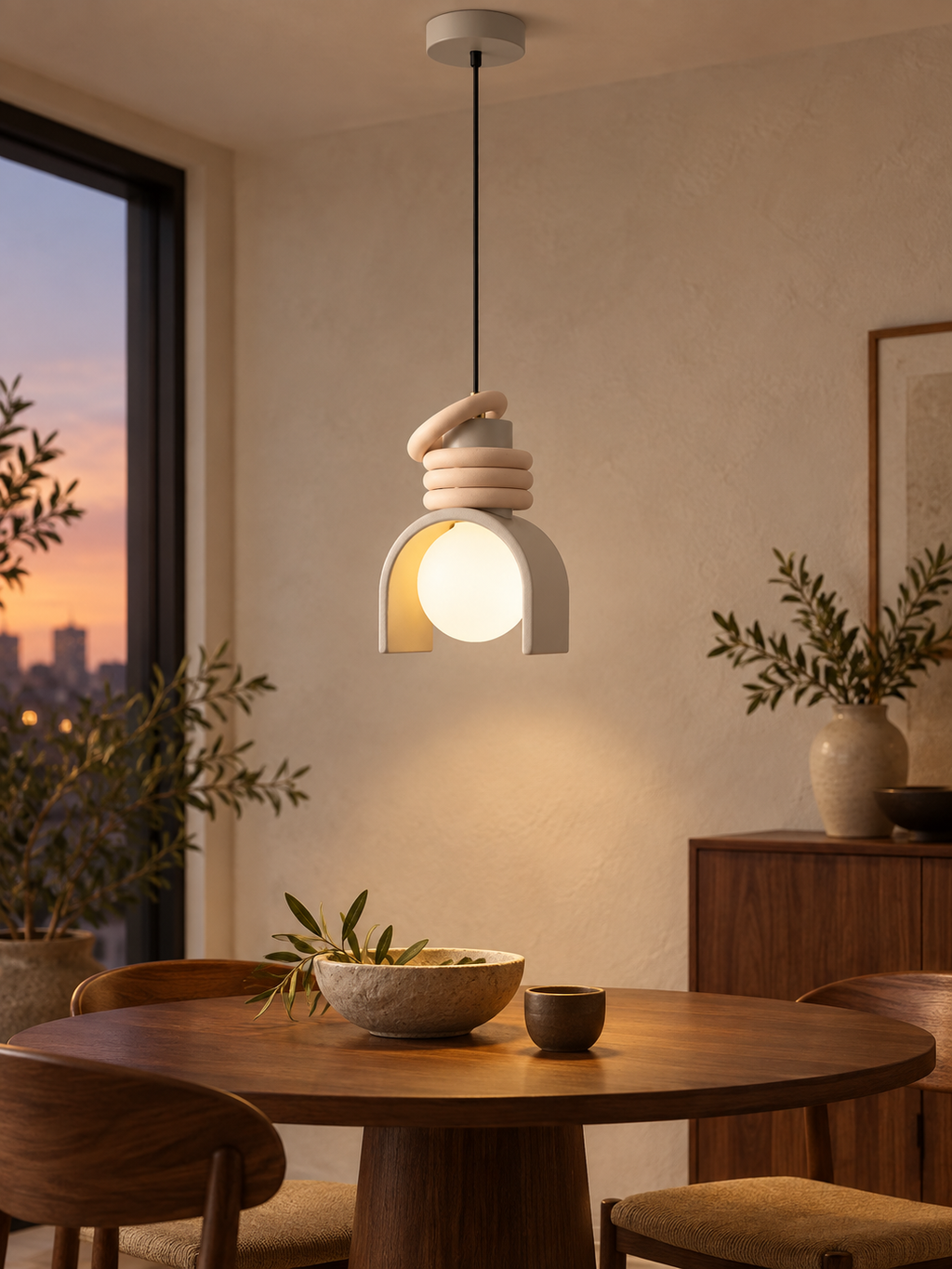 Wabi-sabi resin pendant light above a walnut dining table