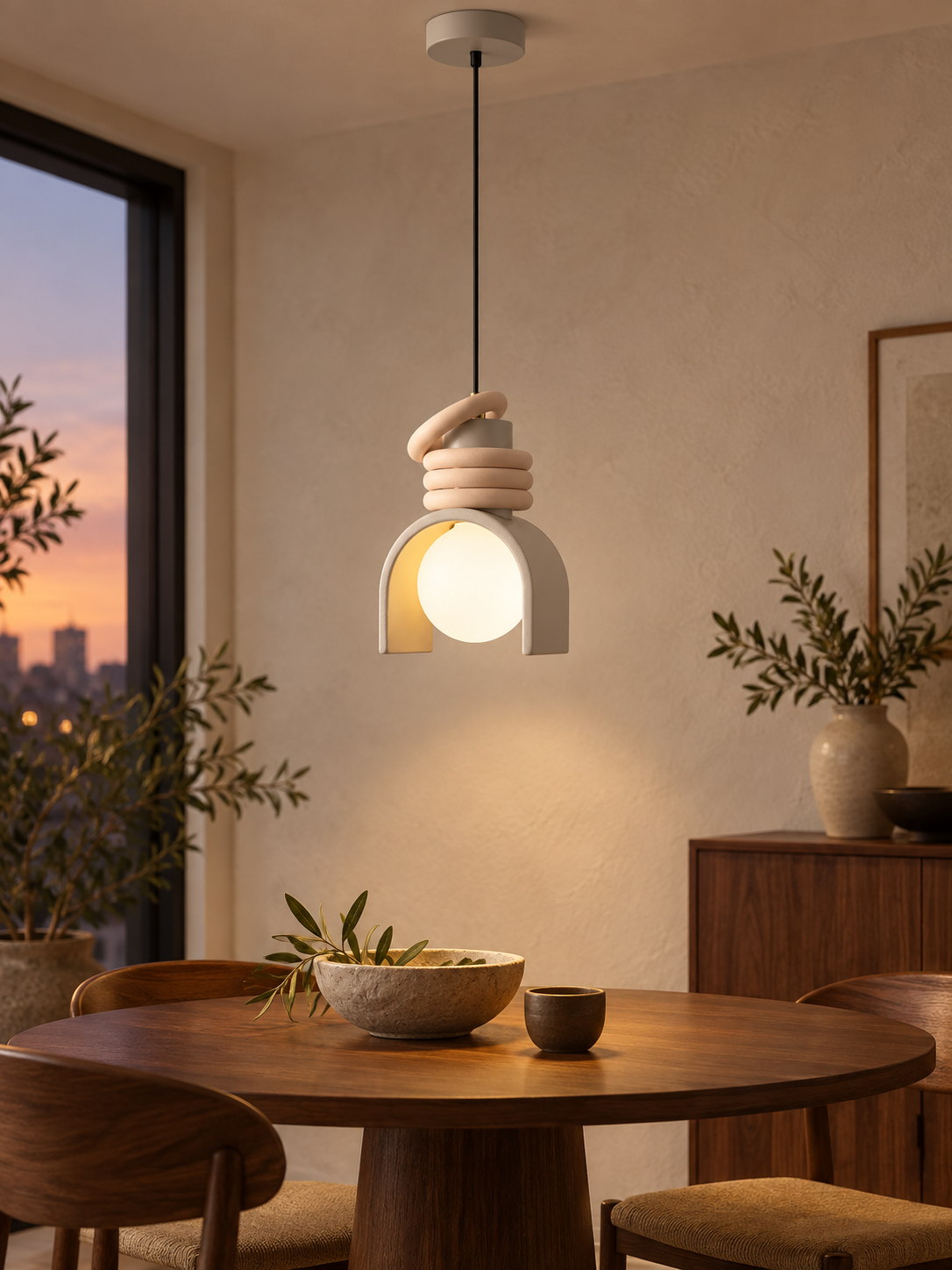 Wabi-sabi resin pendant light above a walnut dining table