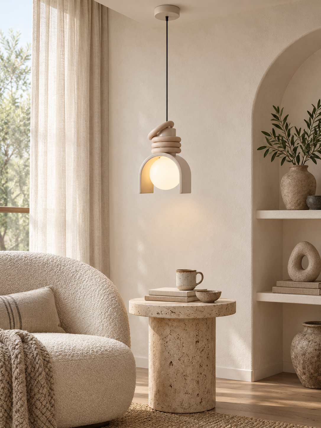 Wabi-sabi resin pendant light in an organic modern reading nook